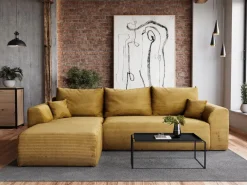 Meble Dla Dzieci|Narożniki></noscript>BROMARKT Musztardowa kanapa narożna z funkcją spania rozkładana do salonu ROMEO