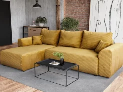 Meble Dla Dzieci|Narożniki></noscript>BROMARKT Musztardowa kanapa narożna z funkcją spania rozkładana do salonu ROMEO