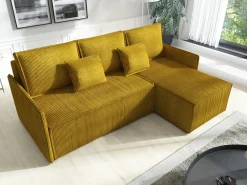 Narożniki></noscript>IZABELLA MEBLE Musztardowa sztruksowa rogówka z funkcją spania ATLANTIC