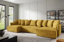 Narożniki></noscript>BROMARKT Musztardowy duży narożnik U do salonu z poduchami ARTUR