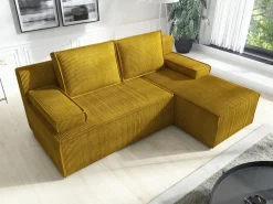 Narożniki></noscript>IZABELLA MEBLE Musztardowy narożnik sztruksowy z funkcją spania CASPAR