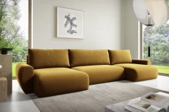 Narożniki>BROMARKT Musztardowy narożnik U nowoczesny do salonu z funkcją spania sztruksowy PATI