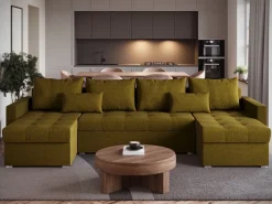 Narożniki></noscript>BROMARKT Musztardowy narożnik welurowy z funkcją spania HOT U