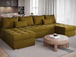 Narożniki></noscript>BROMARKT Musztardowy narożnik z funkcją spania i pojemnikiem HOT U SLIM