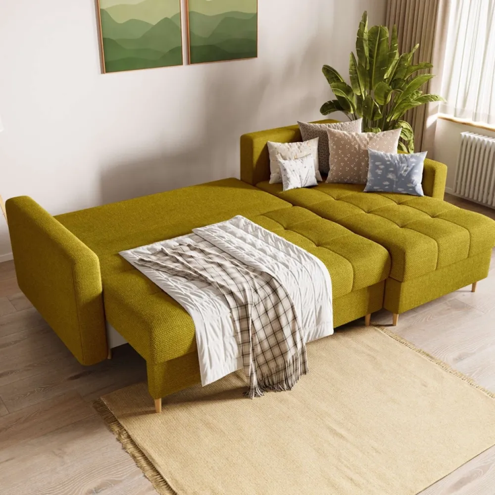 Meble Dla Dzieci|Meble Młodzieżowe>BROMARKT Musztardowy narożnik z funkcją spania i pojemnikiem na pościel LIZBONA