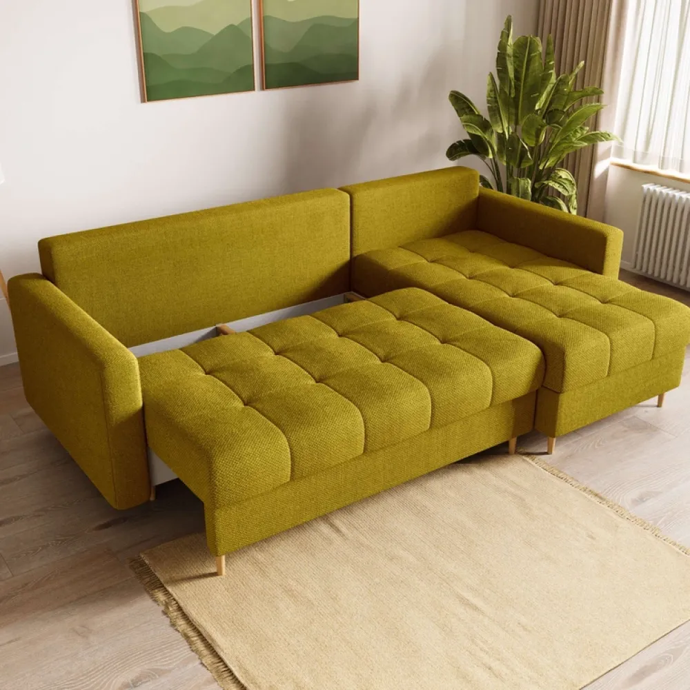 Meble Dla Dzieci|Meble Młodzieżowe>BROMARKT Musztardowy narożnik z funkcją spania i pojemnikiem na pościel LIZBONA