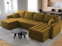 Narożniki>BROMARKT Musztardowy narożnik z funkcją spania i pojemnikiem do salonu LUIS U