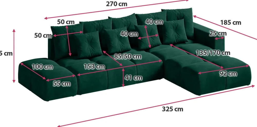 Narożniki>BROMARKT Narożnik z funkcją spania i pojemnikiem na pościel RAMIRO butelkowa zieleń