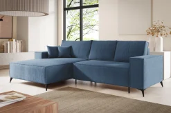 Narożniki></noscript>BROMARKT Niebieski narożnik rozkładany na nóżkach z pojemnikiem i funkcją spania APOLLO