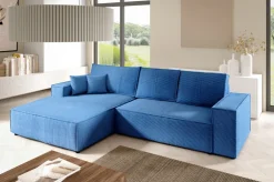 Meble Dla Dzieci|Meble Młodzieżowe></noscript>BROMARKT Niebieski sztruksowy narożnik z funkcją spania i pojemnikiem PABLO