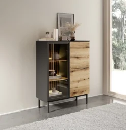 Zestawy Mebli Do Salonu|Witryny></noscript>LASKI Niska witryna do salonu przeszklona 100 cm LARINO dąb evoke