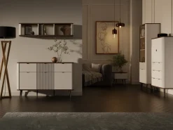 Zestawy Mebli Do Salonu>JUREK Niski regał zamknięty z szufladami do salonu 90 cm MIREL kaszmir