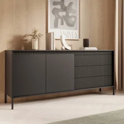 Zestawy Mebli Do Salonu|Komody></noscript>LASKI Nowoczesna czarna komoda z szufladami do salonu 187 cm SAREVO czarny