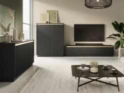 Meblościanki>PIASKI Nowoczesna czarna meblościanka do salonu z szafką RTV RAVO czarny