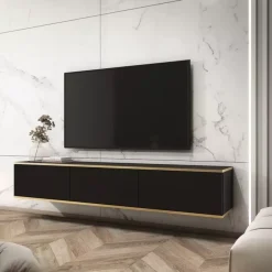 Zestawy Mebli Do Salonu|Szafki Rtv>PIASKI Nowoczesna czarna szafka wisząca RTV 175 cm ORVIETO