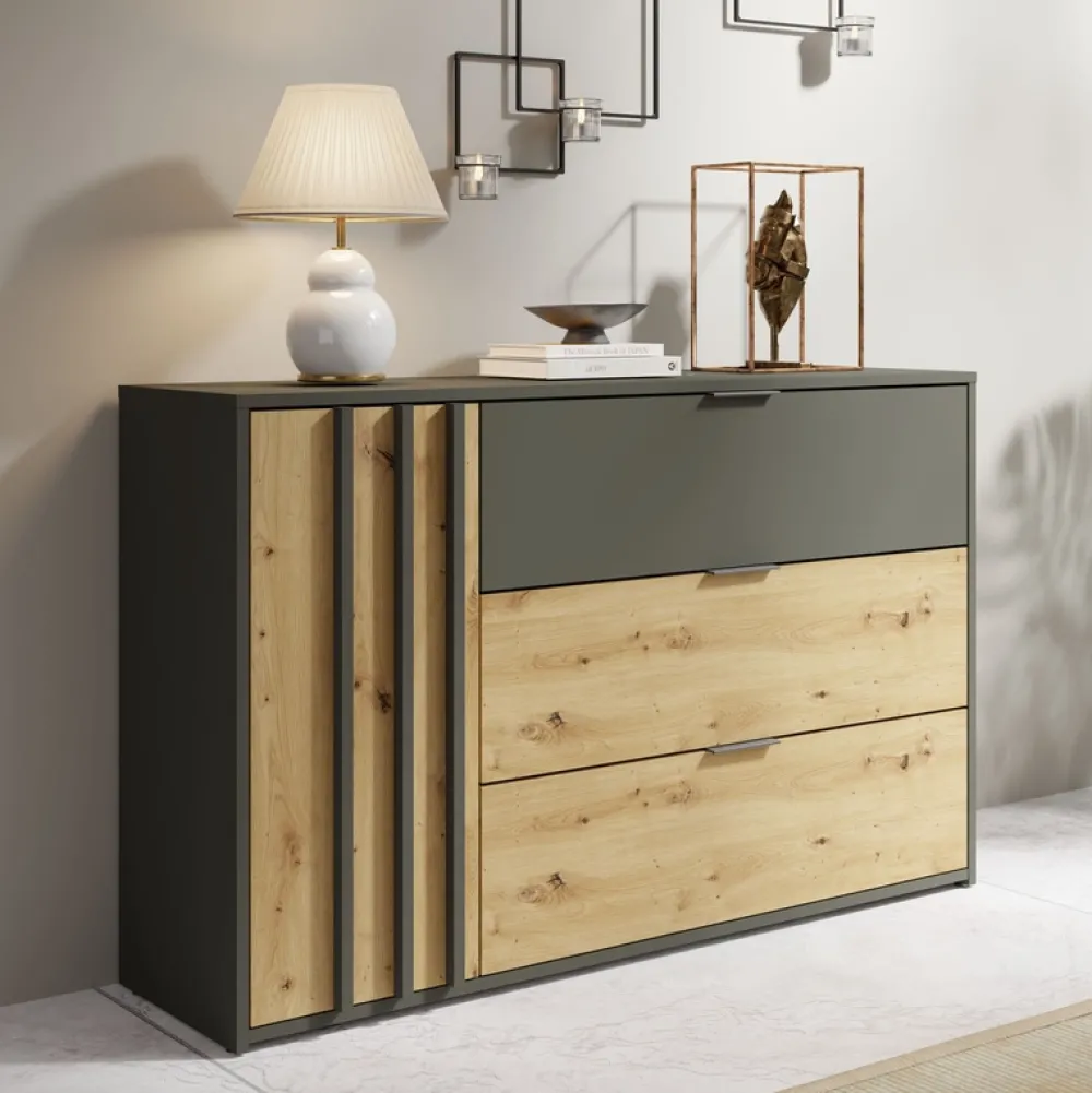 Meble Młodzieżowe|Zestawy Mebli Do Sypialni>MEBLOSIEK Nowoczesna komoda 125 cm do sypialni z szufladami RUSTICA szary grafit