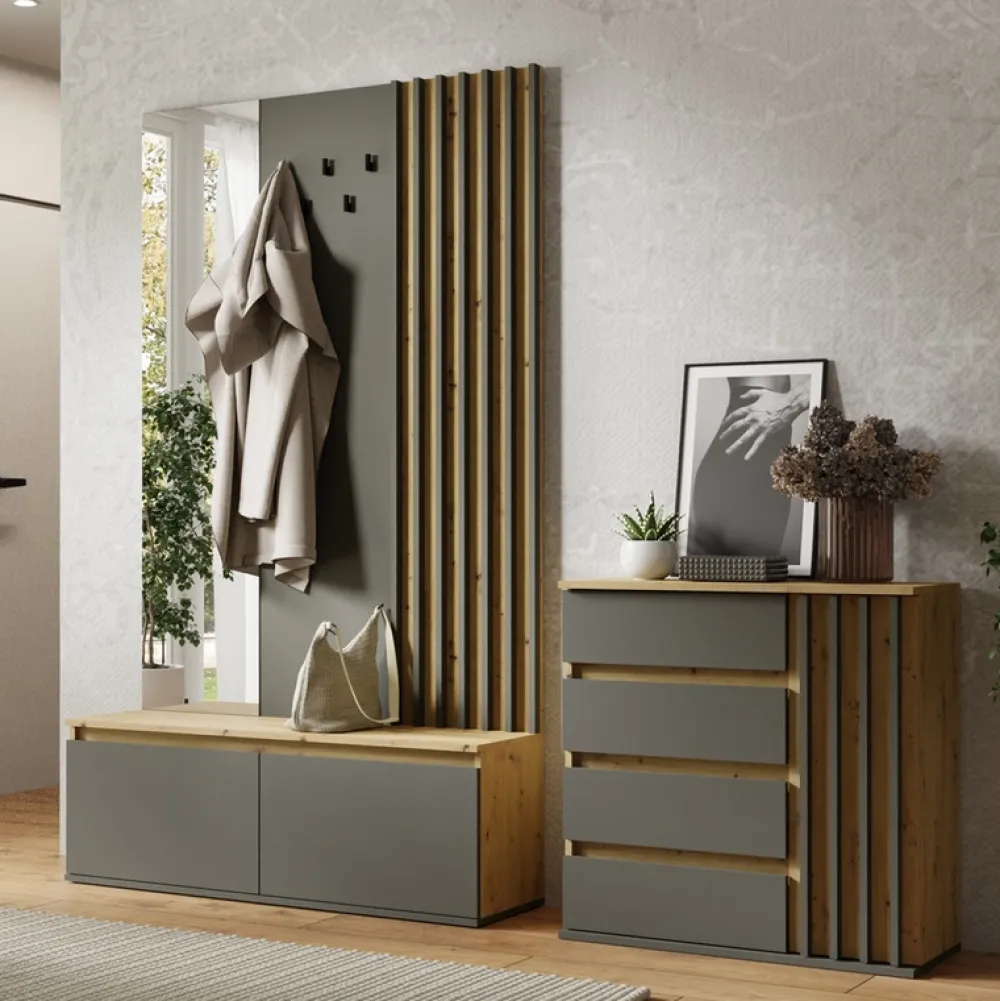 Komody>MEBLOSIEK Nowoczesna komoda do przedpokoju DORIOS z lamelami dąb artisan