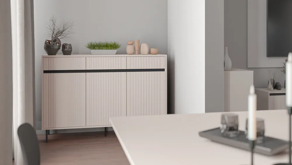 Zestawy Mebli Do Salonu|Komody>Lempert Nowoczesna komoda trzydrzwiowa 148 cm z frezowanymi frontami OMEGA beż piaskowy