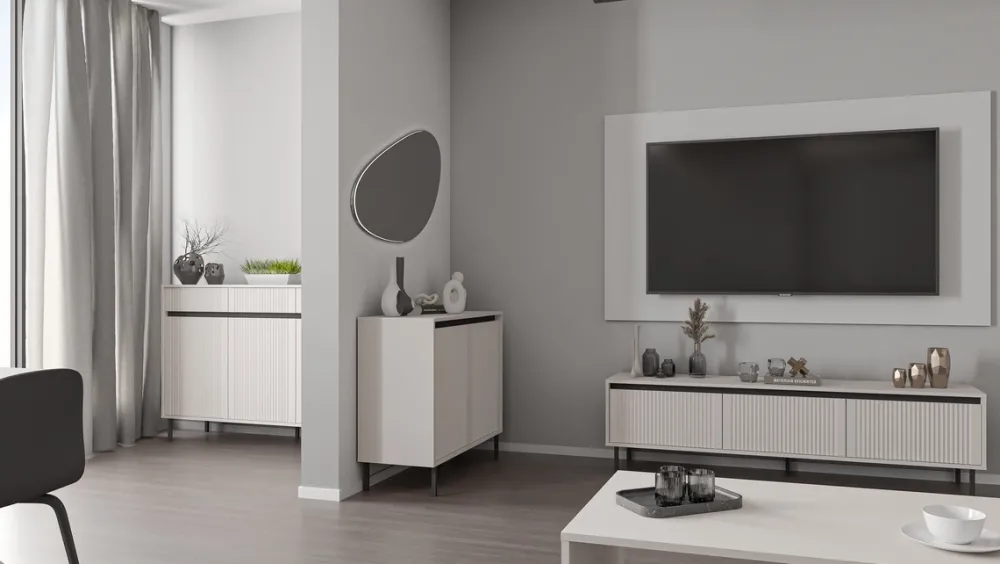 Zestawy Mebli Do Salonu|Komody>Lempert Nowoczesna komoda trzydrzwiowa 148 cm z frezowanymi frontami OMEGA beż piaskowy