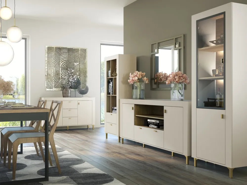 Zestawy Mebli Do Sypialni|Komody>DOLMAR Nowoczesna komoda z półkami na nóżkach do salonu 97 cm MISTY kaszmir