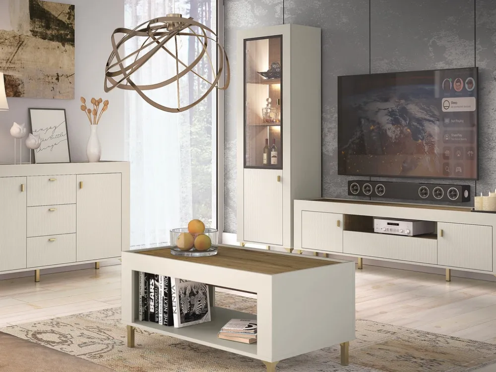 Zestawy Mebli Do Sypialni|Komody>DOLMAR Nowoczesna komoda z półkami na nóżkach do salonu 97 cm MISTY kaszmir