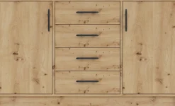 Komody></noscript>MEBLAR Nowoczesna komoda z szufladami i półkami 140 cm SEVAS dąb artisan
