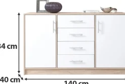 Komody></noscript>MEBLAR Nowoczesna komoda z szufladami i półkami 140 cm SEVAS kaszmir