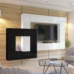 Zestawy Mebli Do Salonu></noscript>BROMARKT Nowoczesna meblościanka czarno biała połysk PREMIUM