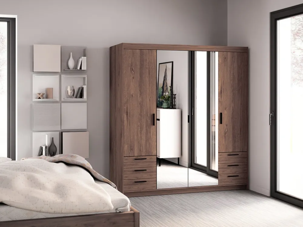 Meble Dla Dzieci|Zestawy Mebli Do Przedpokoju>Lempert Nowoczesna modułowa szafa z lustrem i szufladami KUBA 180 cm dąb lefkas