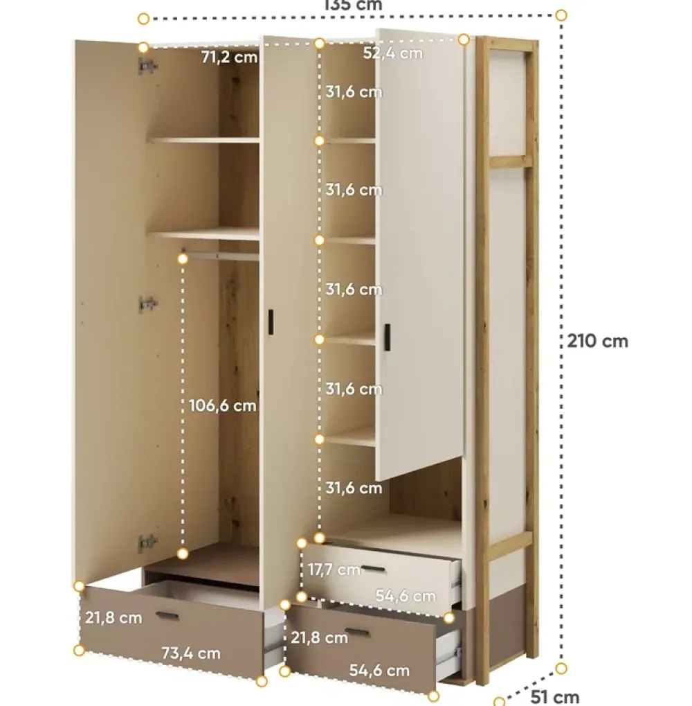 Meble Młodzieżowe|Zestawy Mebli Młodzieżowych>lenart. Nowoczesna młodzieżowa szafa z półkami 135 cm LENNY szuflady