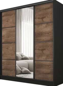 Zestawy Mebli Do Przedpokoju|Szafy Trzydrzwiowe>BROMARKT Nowoczesna szafa przesuwna 160 cm z półkami BEST lustro szuflady drążki