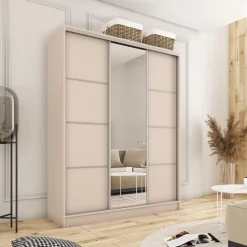 Zestawy Mebli Do Przedpokoju|Szafy Trzydrzwiowe></noscript>BROMARKT Nowoczesna szafa przesuwna z lustrem 150 cm TOP beż piaskowy