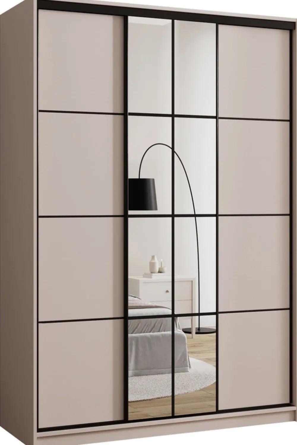 Szafy Trzydrzwiowe|Szafy Do Przedpokoju>BROMARKT Nowoczesna szafa przesuwna z lustrem i półkami 150 cm EDGE beż piaskowy