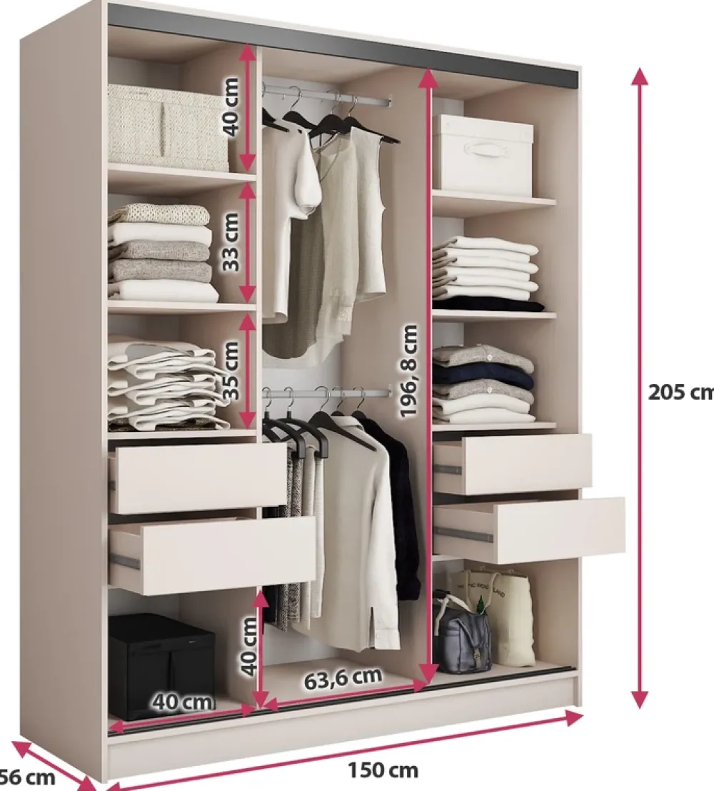 Szafy Trzydrzwiowe|Szafy Do Przedpokoju>BROMARKT Nowoczesna szafa przesuwna z lustrem i półkami 150 cm EDGE beż piaskowy