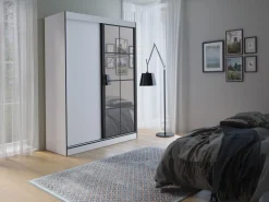 Szafy Dwudrzwiowe|Szafy Z Lustrem>JUREK Nowoczesna szafa przesuwna z lustrem i półkami na ubrania 150 cm OLAS biały