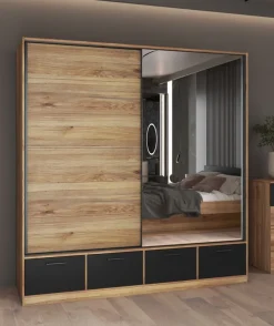 Zestawy Mebli Do Sypialni|Szafy Dwudrzwiowe></noscript>Helvetia Nowoczesna szafa przesuwna 200 cm do sypialni z lustrem BETA