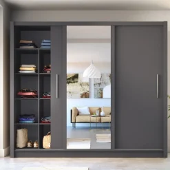 Meble Młodzieżowe|Szafy Trzydrzwiowe>MEBLOSIEK Nowoczesna szafa przesuwna BALI 247 cm z lustrem szary grafit