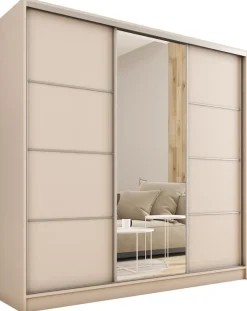 Zestawy Mebli Do Przedpokoju|Szafy Trzydrzwiowe>BROMARKT Nowoczesna szafa przesuwna z lustrem 200 cm TOP MAX beż piaskowy