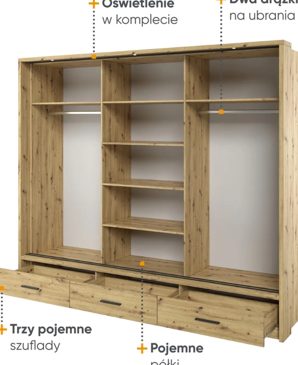 Szafy Przesuwne>lenart. Nowoczesna szafa przesuwna z lustrem i szufladami 250 cm ARTI dąb artisan