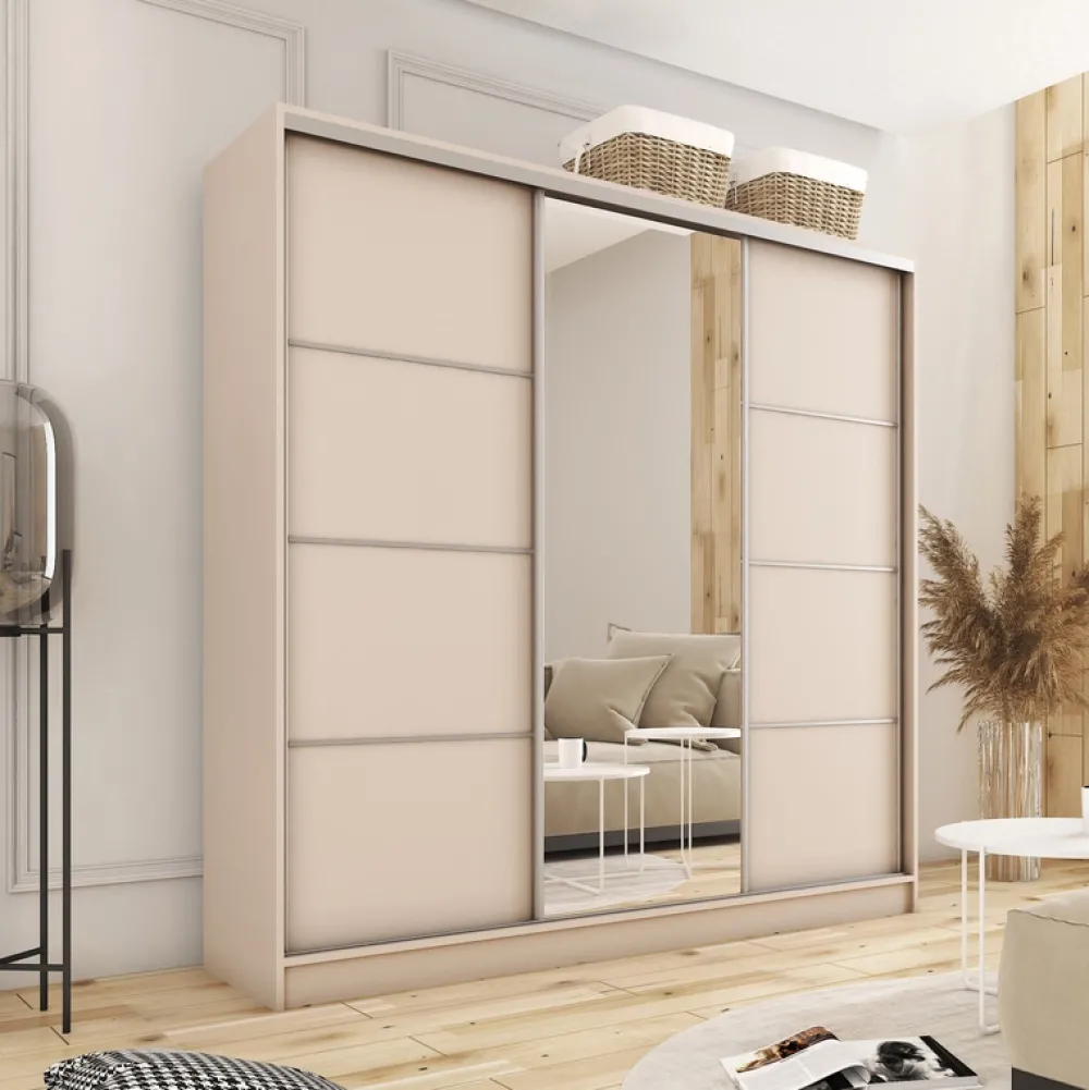 Szafy Trzydrzwiowe|Szafy Do Przedpokoju>BROMARKT Nowoczesna szafa przesuwna z lustrem TOP 200 cm beż piaskowy