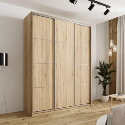 Zestawy Mebli Do Przedpokoju|Szafy Trzydrzwiowe></noscript>BROMARKT Nowoczesna szafa przesuwna z drążkami 180 cm TOP MAX dąb sonoma