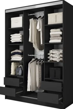 Zestawy Mebli Do Przedpokoju|Szafy Trzydrzwiowe>BROMARKT Nowoczesna szafa przesuwna 150 cm z lustrem BEST półki szuflady czarny