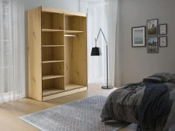 Zestawy Mebli Do Przedpokoju|Szafy Dwudrzwiowe></noscript>JUREK Nowoczesna szafa przesuwna z półkami i drążkiem 120 cm OLAS dąb artisan