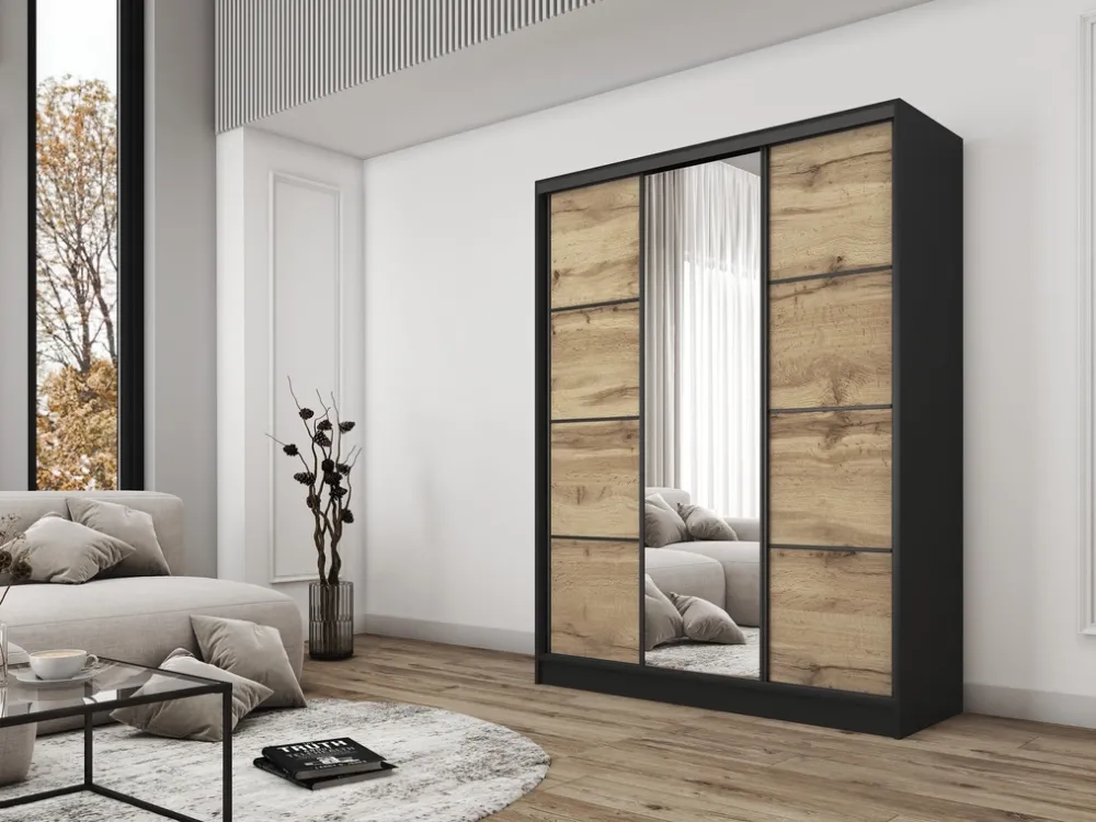 Zestawy Mebli Do Przedpokoju|Szafy Trzydrzwiowe>BROMARKT Nowoczesna szafa przesuwna z lustrem 160 cm BEST półki drążki