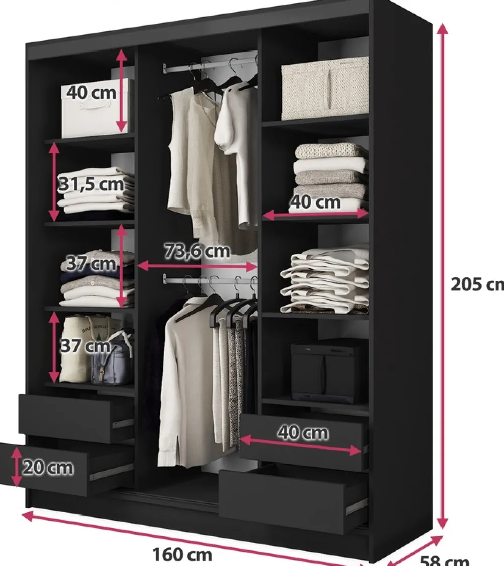 Zestawy Mebli Do Przedpokoju|Szafy Trzydrzwiowe>BROMARKT Nowoczesna szafa przesuwna z lustrem 160 cm BEST półki drążki