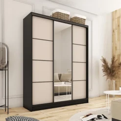 Zestawy Mebli Do Przedpokoju|Szafy Trzydrzwiowe></noscript>BROMARKT Nowoczesna szafa przesuwna z lustrem do sypialni 150 cm beż piaskowy LOFT