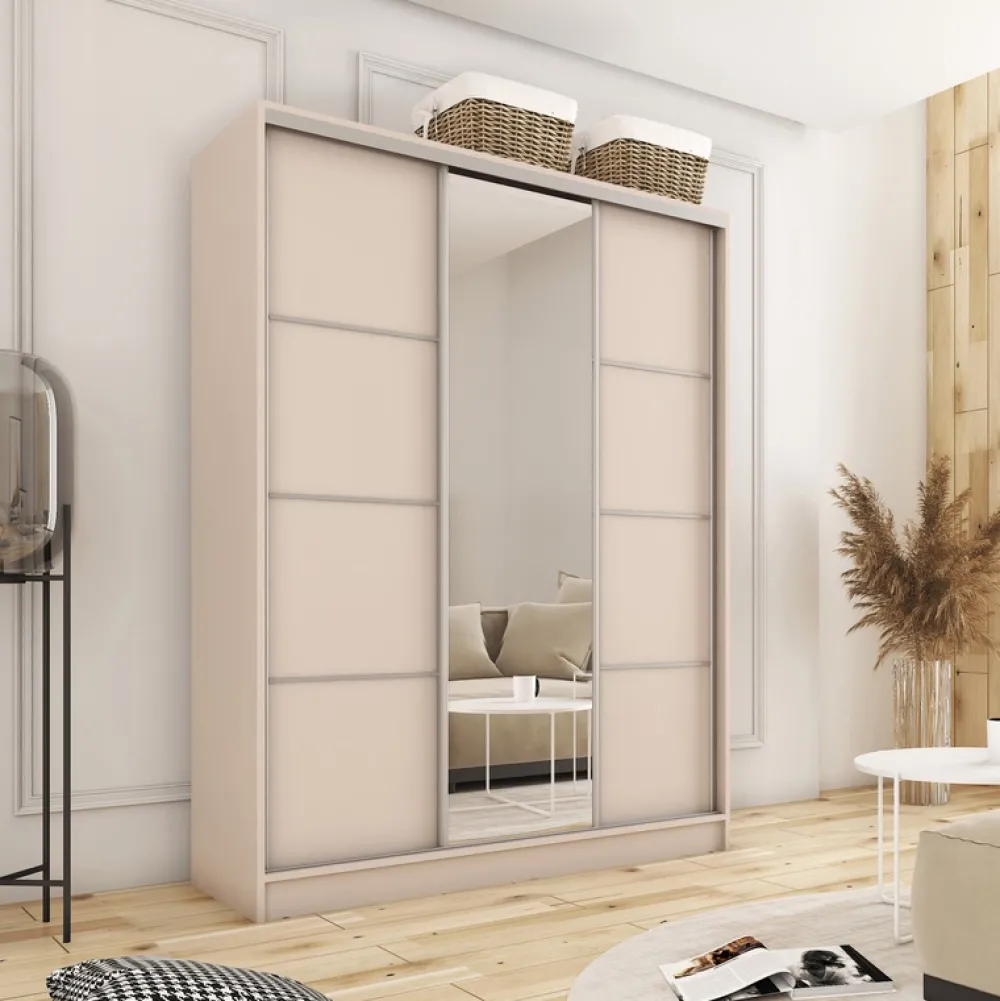 Zestawy Mebli Do Przedpokoju|Szafy Trzydrzwiowe>BROMARKT Nowoczesna szafa przesuwna z lustrem 180 cm TOP MAX beż beż piaskowy