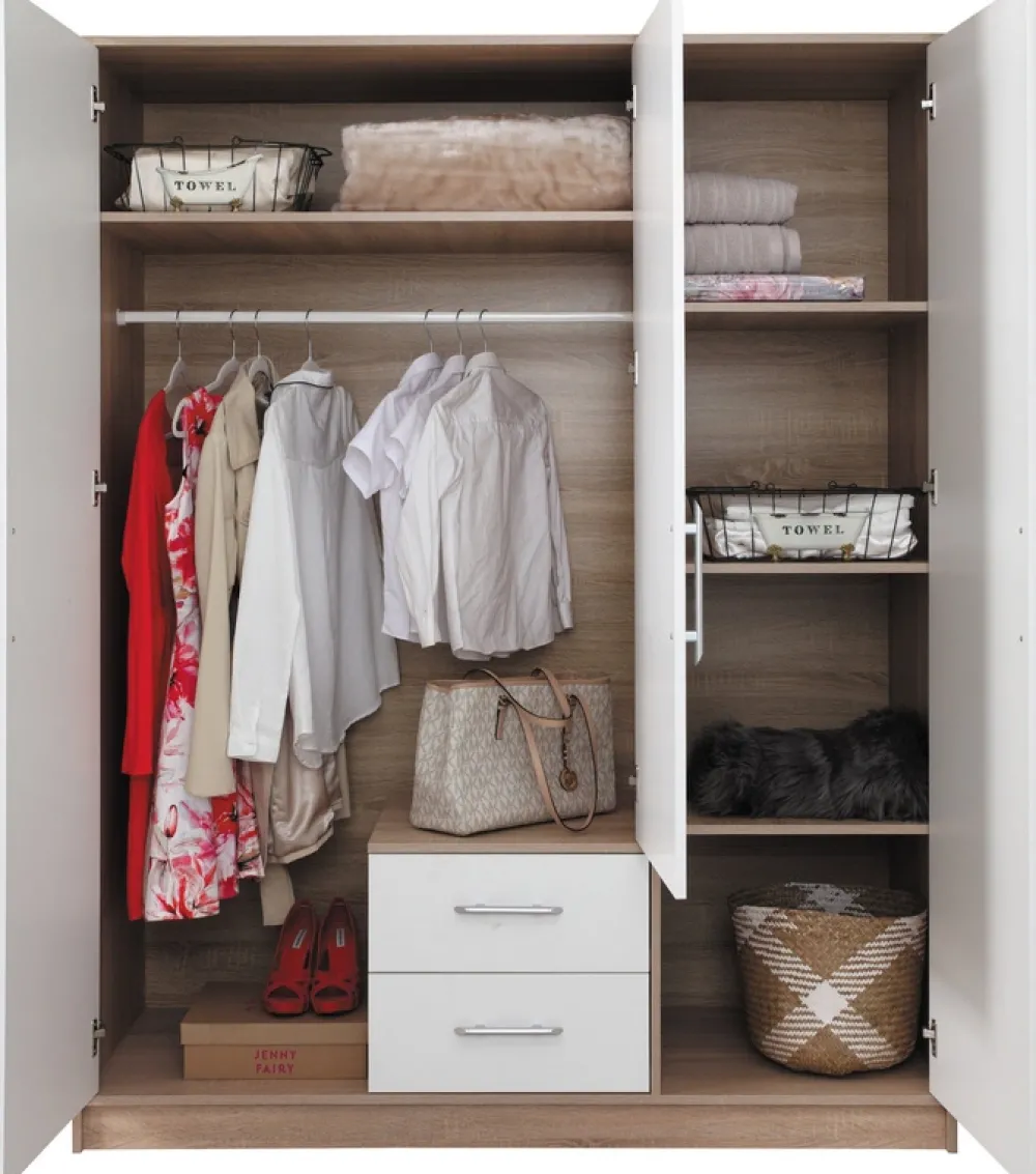 Garderoby|Meble Dla Dzieci>MEBLAR Nowoczesna szafa trzydrzwiowa z półkami i drążkiem SEVAS kaszmir