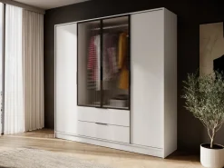 Szafy Młodzieżowe|Szafy Otwierane></noscript>PIASKI Nowoczesna szafa uchylna z witryną 206 cm KAMIS kaszmir