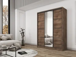 Zestawy Mebli Do Przedpokoju|Szafy Trzydrzwiowe></noscript>BROMARKT Nowoczesna szafa z półkami do sypialni 160 cm BEST lustro dąb lefkas